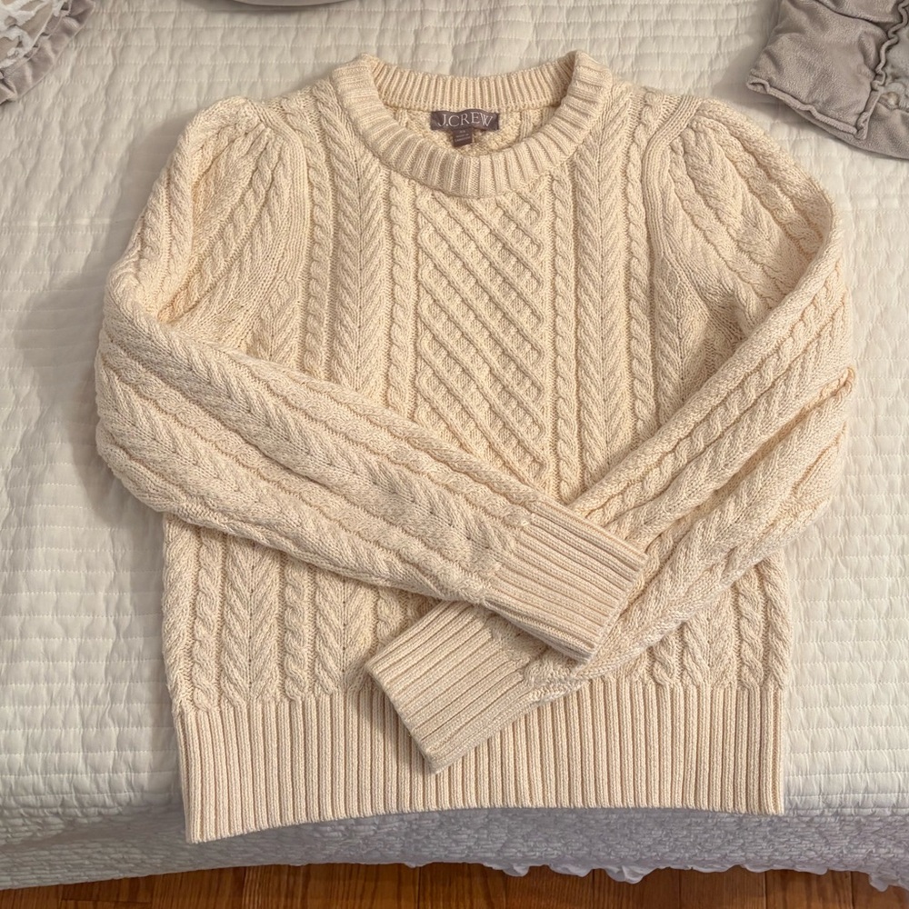 J crew cable knit puff sleeve cream knit sweater